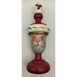 Handpainted Vintage Wooden Santa Claus Figurine With Holly Accents